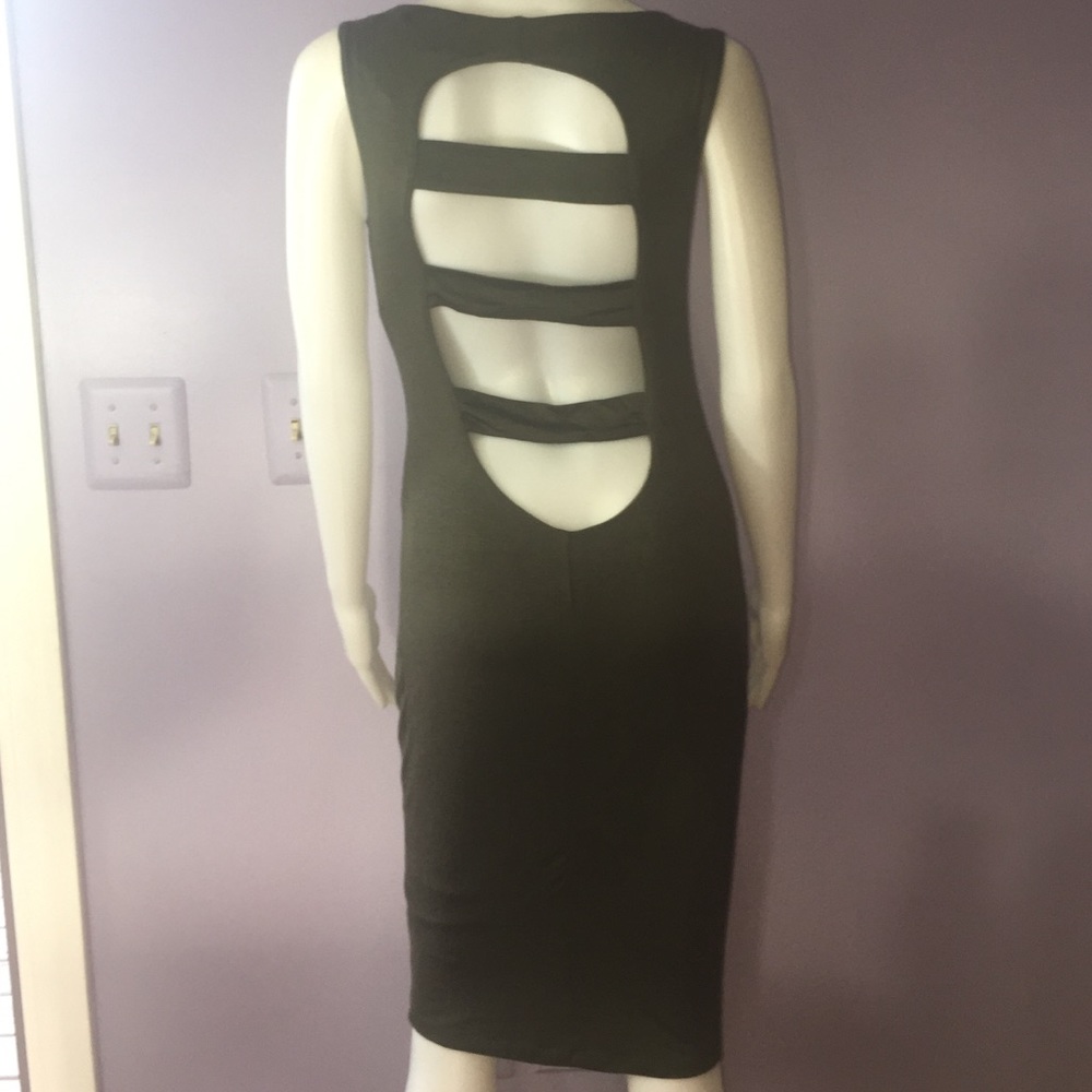 NWT Olive Green Strappy Open Back Body-con Knee Length Dress Small Medium Large - Picture 3 of 5